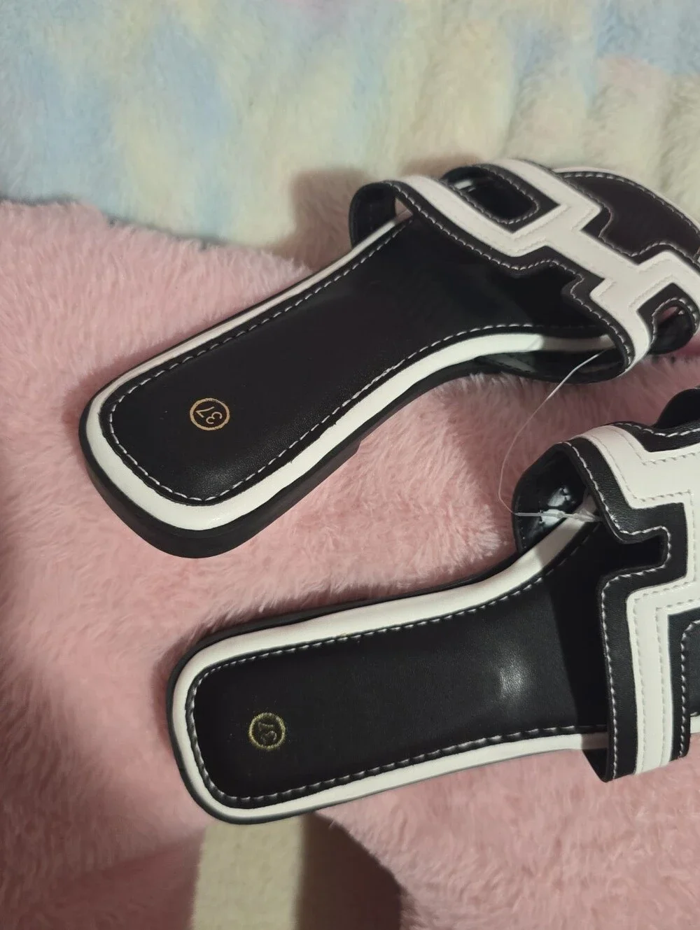Black and White Slide Sandals - Women